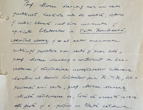 Recomandare scrisa de Tudor Vianu, in favoarea criticului literar Mircea Mancas, 12 ianuarie 1958, cu semnatura olografa